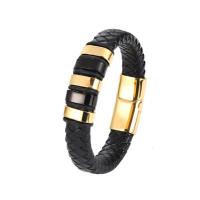 PU Leather Cord Bracelets, Stainless Steel, with PU Leather, fashion jewelry & Unisex, black, 215mm 