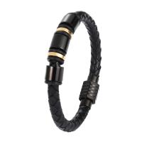 Los hombres de la pulsera y del brazalete, acero inoxidable, con Cuero de PU, Joyería & unisexo, Negro, 215mm, Vendido por UD