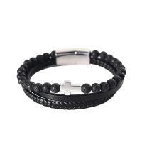 Men Bracelet, Stainless Steel, with Abrazine Stone & PU Leather, fashion jewelry & Unisex, black, 215mm 