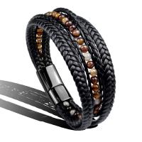 PU Leather Cord Bracelets, Stainless Steel, with PU Leather & Coffee Agate, fashion jewelry & Unisex, black, 215mm 