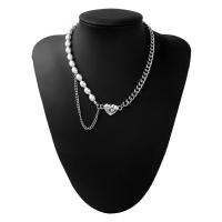 Collar de Acero Inoxidable, con perla, chapado, para mujer, plateado, 24mm, longitud:44 cm, Vendido por UD
