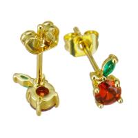 Cubic Zircon Brass Earring, gold color plated, for woman, red 