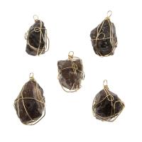 Natural Quartz Pendants, Brass, with Smoky Quartz, irregular, brown, 40x15- 