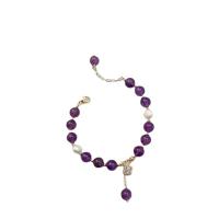 Quartz Bracelets, Brass, with Freshwater Pearl & Amethyst, for woman & with cubic zirconia, purple .5 cm 
