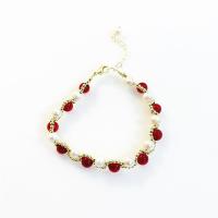 Edelstein Perlen Armbänder, Messing, mit Naturstein & Natürliche kultivierte Süßwasserperlen, für Frau, rot, Länge:23 cm, verkauft von PC