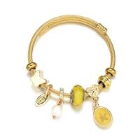 Stainless Steel European Bangle, with zinc alloy bead & Crystal & Plastic Pearl, gold color plated, Adjustable & for woman & enamel 