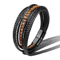 PU Leather Cord Bracelets, Stainless Steel, with PU Leather & Antique Agate, fashion jewelry & Unisex, black, 215mm 