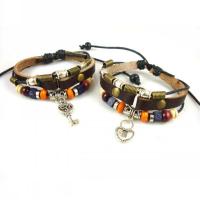 PU Leather Cord Bracelets, with Waxed Cotton Cord & Wood & Zinc Alloy, plated, Adjustable & Unisex, multi-colored Approx 18-21 cm 
