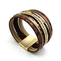 PU Leather Cord Bracelets, with Zinc Alloy, Flat Round, gold color plated, multilayer & with rhinestone, mixed colors 