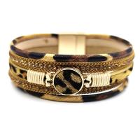 PU Leather Cord Bracelets, with horse hair & Zinc Alloy, Flat Round, gold color plated, multilayer & with rhinestone & leopard pattern, yellow 