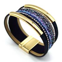 PU Leather Cord Bracelets, with Zinc Alloy, gold color plated, multilayer & with rhinestone, blue 
