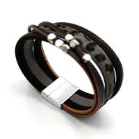 PU Leather Cord Bracelets, with Zinc Alloy, printing, multilayer & leopard pattern, grey 