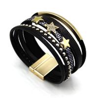 PU Leather Cord Bracelets, with Zinc Alloy, gold color plated, multilayer & with rivet stud & with rhinestone, black 