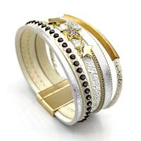 PU Leather Cord Bracelets, with Zinc Alloy, gold color plated, multilayer & with rhinestone, white 