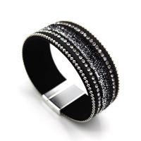 PU Leather Cord Bracelets, with Zinc Alloy, multilayer & with rhinestone, black 
