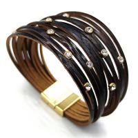 PU Leather Cord Bracelets, with Zinc Alloy, gold color plated, multilayer & with rhinestone, black 
