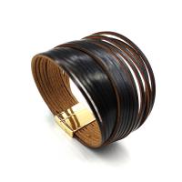 PU Leather Cord Bracelets, with Stainless Steel, gold color plated, multilayer, black 