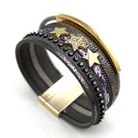 PU Leather Cord Bracelets, with Zinc Alloy, gold color plated, multilayer & with rhinestone, black 