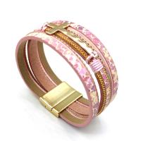PU Leather Cord Bracelets, with Zinc Alloy, gold color plated, multilayer & snakeskin pattern, pink 