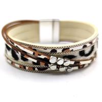 PU Leather Cord Bracelets, with Zinc Alloy, gold color plated, multilayer & leopard pattern, white 