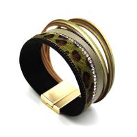 PU Leather Cord Bracelets, with horse hair & Zinc Alloy, gold color plated, multilayer & with rhinestone & leopard pattern, green 