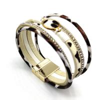 PU Leather Cord Bracelets, gold color plated, multilayer & with rhinestone & leopard pattern, white 