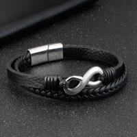 PU Leather Bracelet, with Titanium Steel, multilayer, black, 210mm 