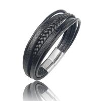 PU Leather Bracelet, with Stainless Steel, plated, multilayer & for man, black, 215mm 