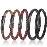 PU Leather Bracelet, with Stainless Steel, gun black plated, dyed & for man 215mm 