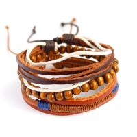 PU Leather Cord Bracelets, with Wood, 3 pieces & Adjustable & for woman, brown Approx 7.48 Inch 