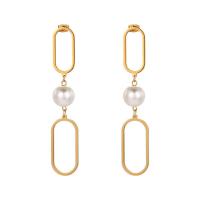 Titanium Steel Drop Earring, with Plastic Pearl, gold color plated, for woman & hollow 