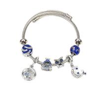 Stainless Steel  European Bracelets, with Titanium Steel & Zinc Alloy, plated, for woman & enamel & with rhinestone, blue 