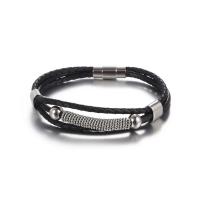 Titanium Steel Bracelet, with PU Leather, polished, for man, black, 220mm 