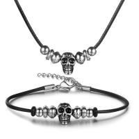 Titanium Steel Bracelet and Necklace, with PU Leather, Skull, polished & for man, black 
