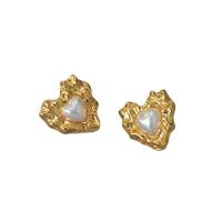 Brass Stud Earring, with Plastic Pearl, Heart, 18K gold plated, for woman 