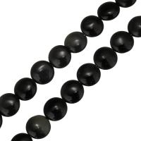 Бисер черный обсидиан, Обсидиан, Плоская круглая форма, черный отверстие:Приблизительно 1mm, длина:Приблизительно 15.5 дюймовый, продается Strand