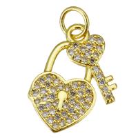 Cubic Zirconia Micro Pave Brass Pendant, Lock and Key, gold color plated, micro pave cubic zirconia Approx 3.5mm 