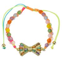 Glass Woven Ball Bracelets, Polyester Cord, with Glass & Brass, Bowknot, gold color plated, Adjustable & micro pave cubic zirconia & for woman, mixed colors 8mm Approx 5-10 Inch 