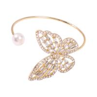 Zinc Alloy Cuff Bangle, with pearl, Butterfly, for woman & with rhinestone, golden 