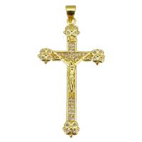 Messing Kreuz Anhänger, Jesus Kreuz, goldfarben plattiert, Micro pave Zirkonia, 23x42x3mm, Bohrung:ca. 3.5mm, verkauft von PC