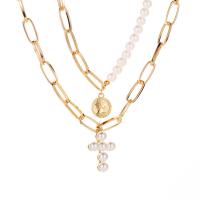 Fashion Multi Layer Necklace, Zinc Alloy, with pearl, plated, Unisex, golden 