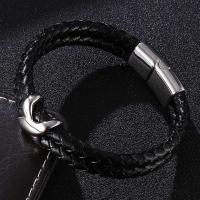 Leather Bracelet, with Stainless Steel, stainless steel magnetic clasp, silver color plated, Double Layer & braided bracelet & Unisex, black, 6mm 