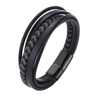 PU Leather Cord Bracelets, Microfiber PU, stainless steel magnetic clasp, gun black plated, multilayer & braided bracelet & Unisex, black 