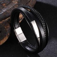 PU Leather Cord Bracelets, Microfiber PU, with Stainless Steel, stainless steel magnetic clasp, silver color plated, patchwork & multilayer & braided bracelet & Unisex, black 