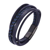 Microfiber PU Bracelet, stainless steel magnetic clasp, gun black plated, multilayer & braided bracelet & Unisex, blue 