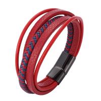 Microfiber PU Bracelet, stainless steel magnetic clasp, gun black plated, multilayer & braided bracelet & Unisex, red 
