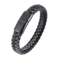 Microfiber PU Bracelet, with Tiger Tail Wire, stainless steel magnetic clasp, gun black plated, braided bracelet & Unisex, black 
