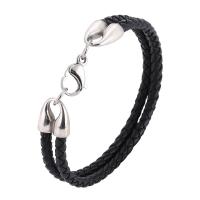 Leather Bracelet, stainless steel lobster clasp, silver color plated, Double Layer & braided bracelet & Unisex, black, 4mm 