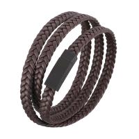 Microfiber PU Bracelet, stainless steel magnetic clasp, gun black plated, multilayer & braided bracelet & Unisex, brown 