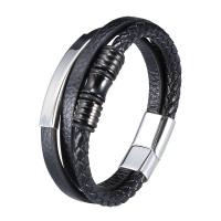 Leather Bracelet, with Stainless Steel, stainless steel magnetic clasp, silver color plated, three layers & braided bracelet & Unisex, black 